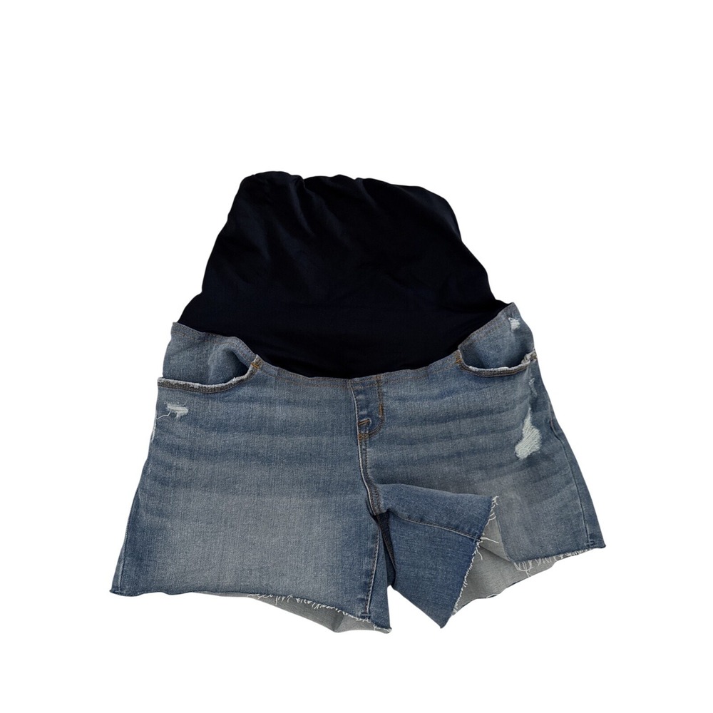 Isabel Maternity Ingrid & Isabel Distressed Denim Shorts Crossover Panel Blue